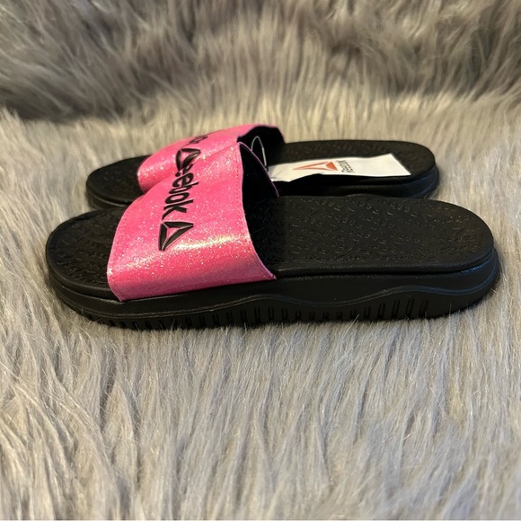 Reebok Slides Girls Size 13 Pink Black‎ Sparkly Glitter Slip On Sandals Shoes - Picture 6 of 7